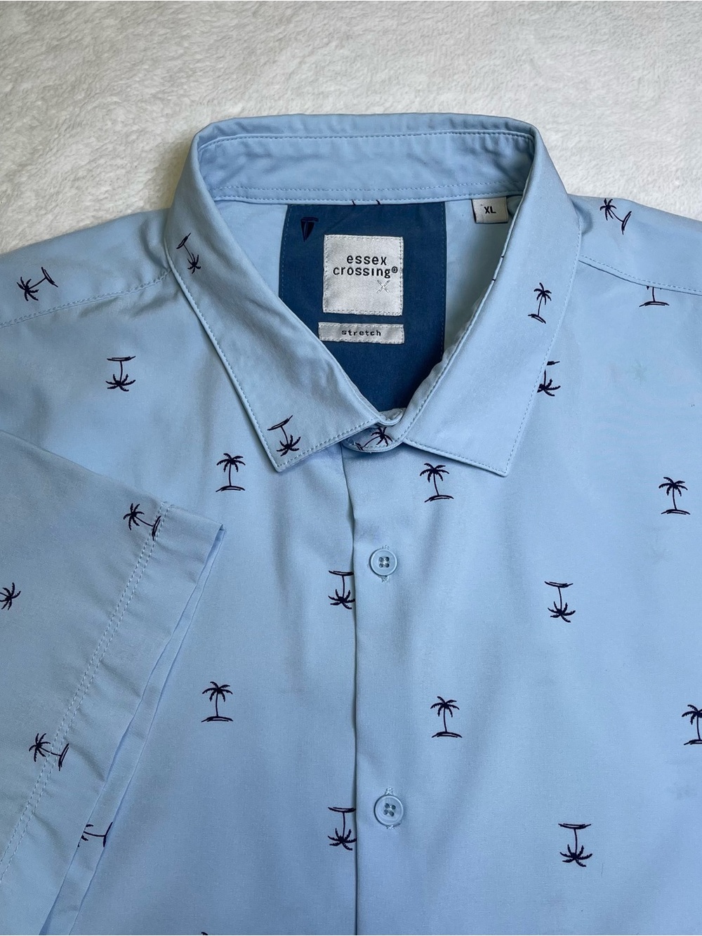 Essex Crossing Stretch Men XL Light Blue Palm Tree Short Sleeve Button Up Shirt